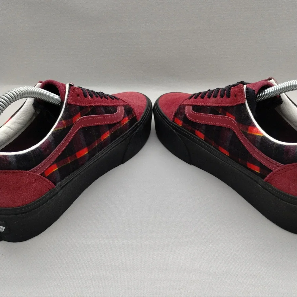 Vans Old Skool Platform Plaid Burgundy‎ Suede Sneakers Womens 8 Mens 6.5